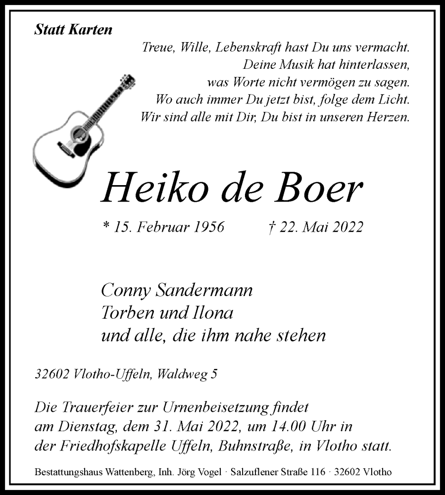  Traueranzeige für Heiko de Boer vom 25.05.2022 aus Westfalen-Blatt