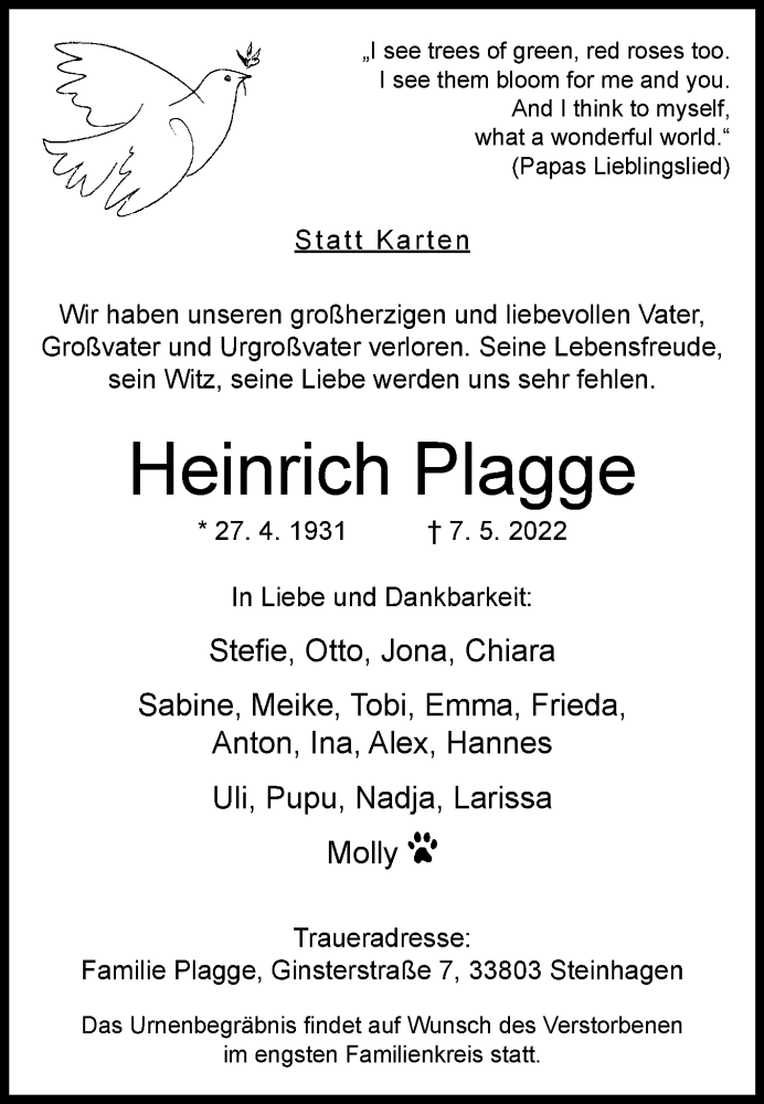  Traueranzeige für Heinrich Plagge vom 11.05.2022 aus Westfalen-Blatt