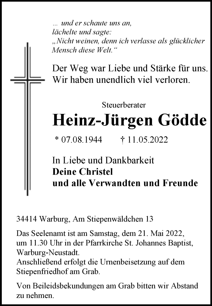  Traueranzeige für Heinz-Jürgen Gödde vom 14.05.2022 aus Westfalen-Blatt