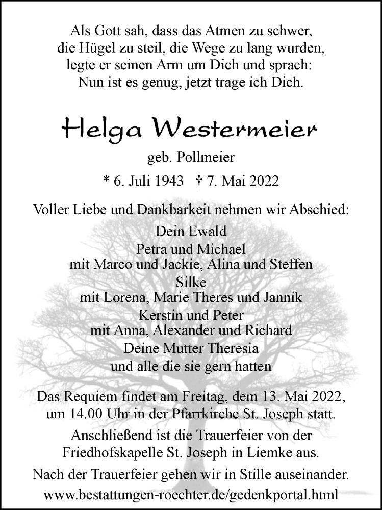  Traueranzeige für Helga Westermeier vom 10.05.2022 aus Westfalen-Blatt
