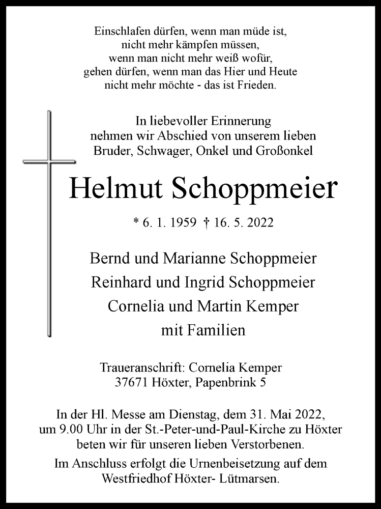  Traueranzeige für Helmut Schoppmeier vom 21.05.2022 aus Westfalen-Blatt