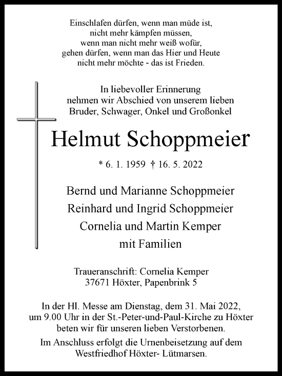 Traueranzeige von Helmut Schoppmeier von Westfalen-Blatt