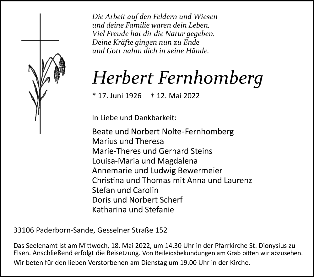  Traueranzeige für Herbert Fernhomberg vom 14.05.2022 aus Westfalen-Blatt