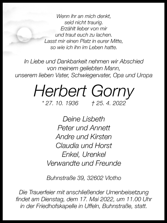 Traueranzeige von Herbert Gorny von Westfalen-Blatt