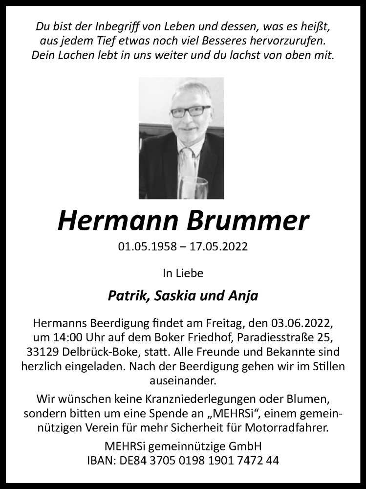  Traueranzeige für Hermann Brummer vom 28.05.2022 aus Westfalen-Blatt
