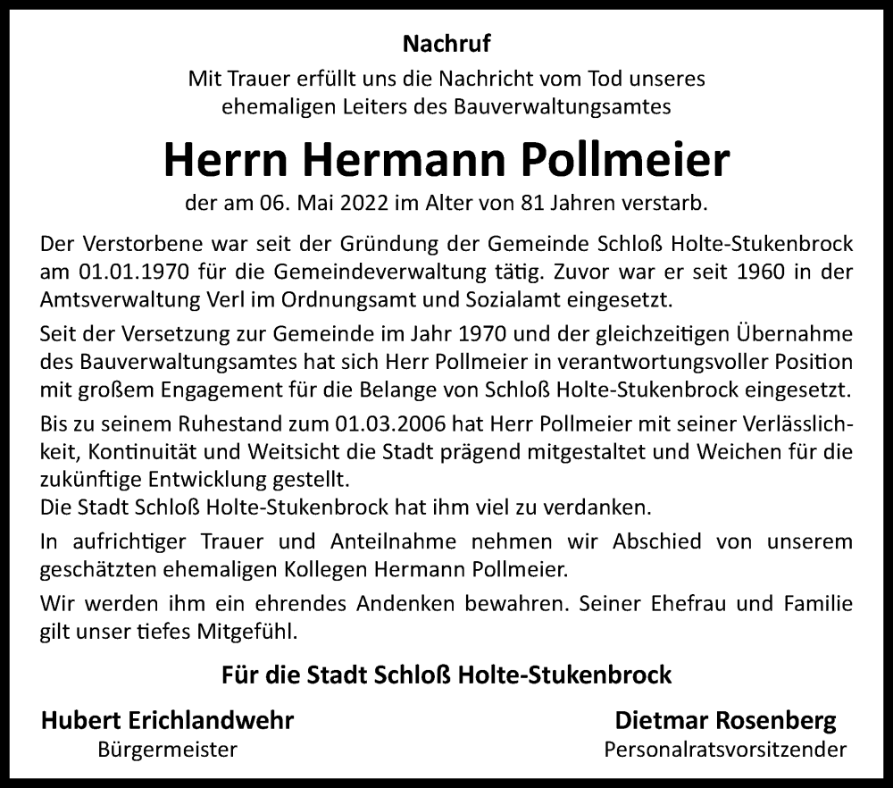  Traueranzeige für Hermann Pollmeier vom 13.05.2022 aus Westfalen-Blatt