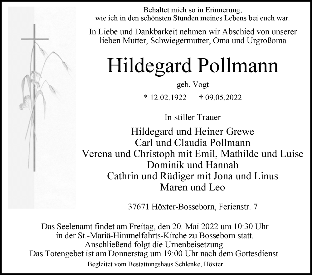  Traueranzeige für Hildegard Pollmann vom 14.05.2022 aus Westfalen-Blatt