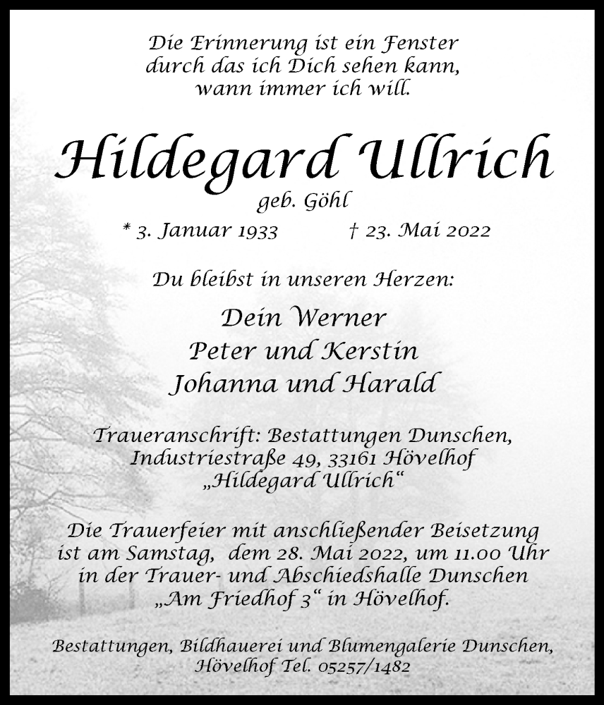  Traueranzeige für Hildegard Ullrich vom 25.05.2022 aus Westfalen-Blatt