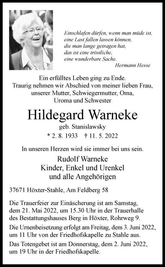 Traueranzeige von Hildegard Warneke von Westfalen-Blatt