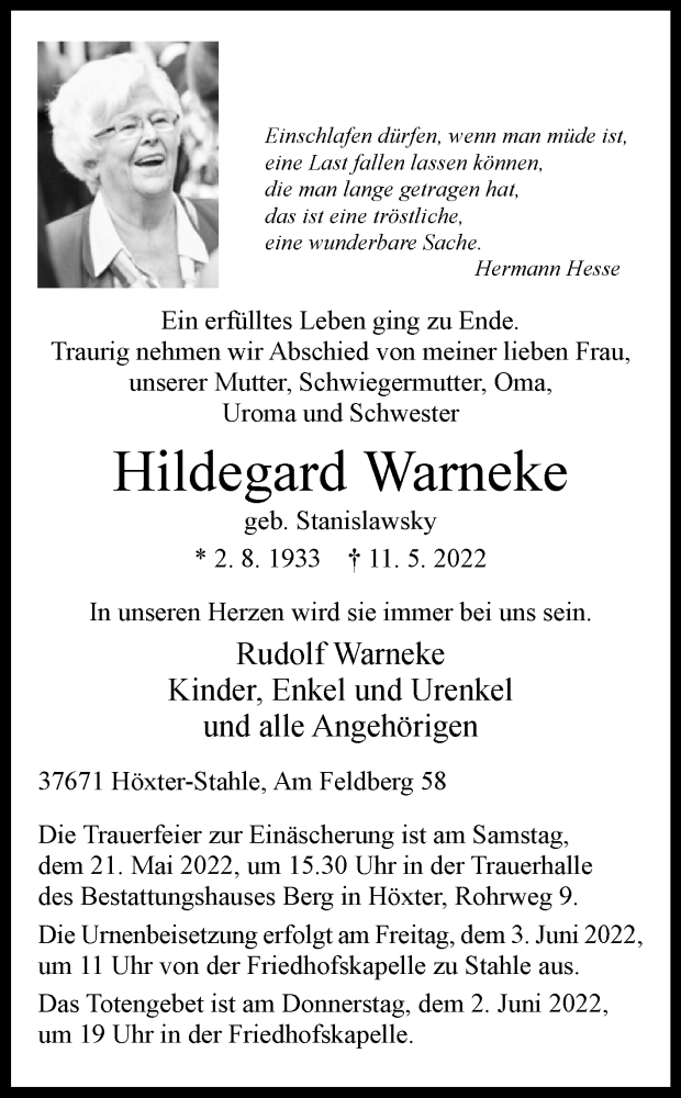  Traueranzeige für Hildegard Warneke vom 14.05.2022 aus Westfalen-Blatt