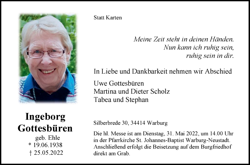  Traueranzeige für Ingeborg Gottesbüren vom 28.05.2022 aus Westfalen-Blatt