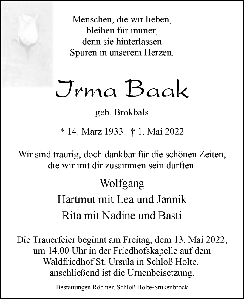  Traueranzeige für Irma Baak vom 07.05.2022 aus Westfalen-Blatt