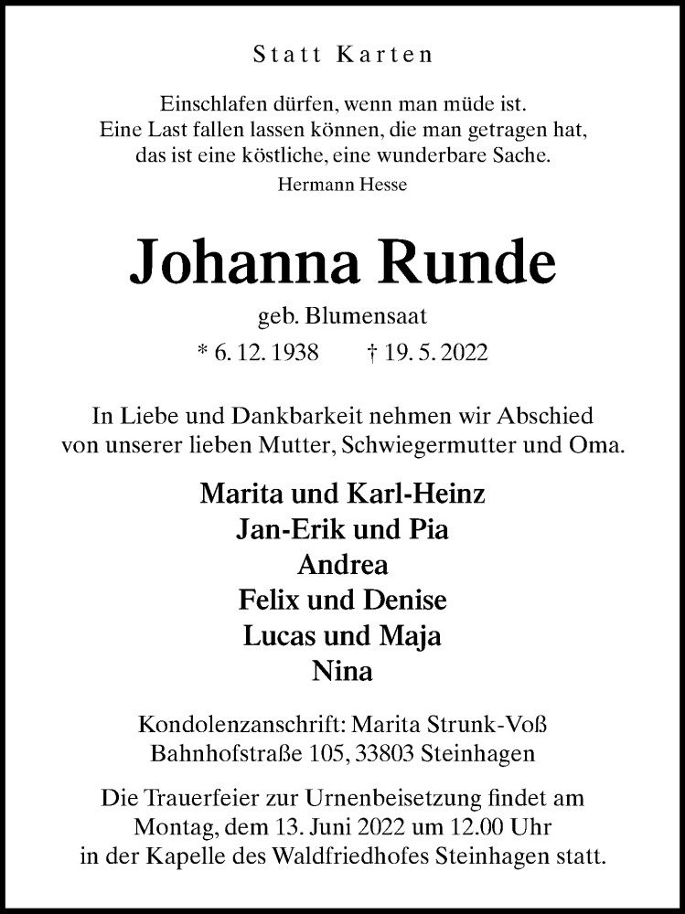  Traueranzeige für Johanna Runde vom 26.05.2022 aus Westfalen-Blatt