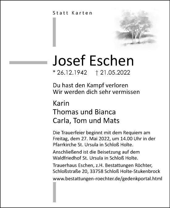 Traueranzeige von Josef Eschen von Westfalen-Blatt