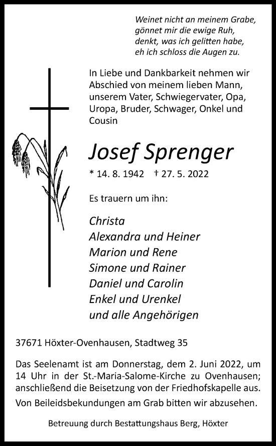 Traueranzeige von Josef Sprenger von Westfalen-Blatt