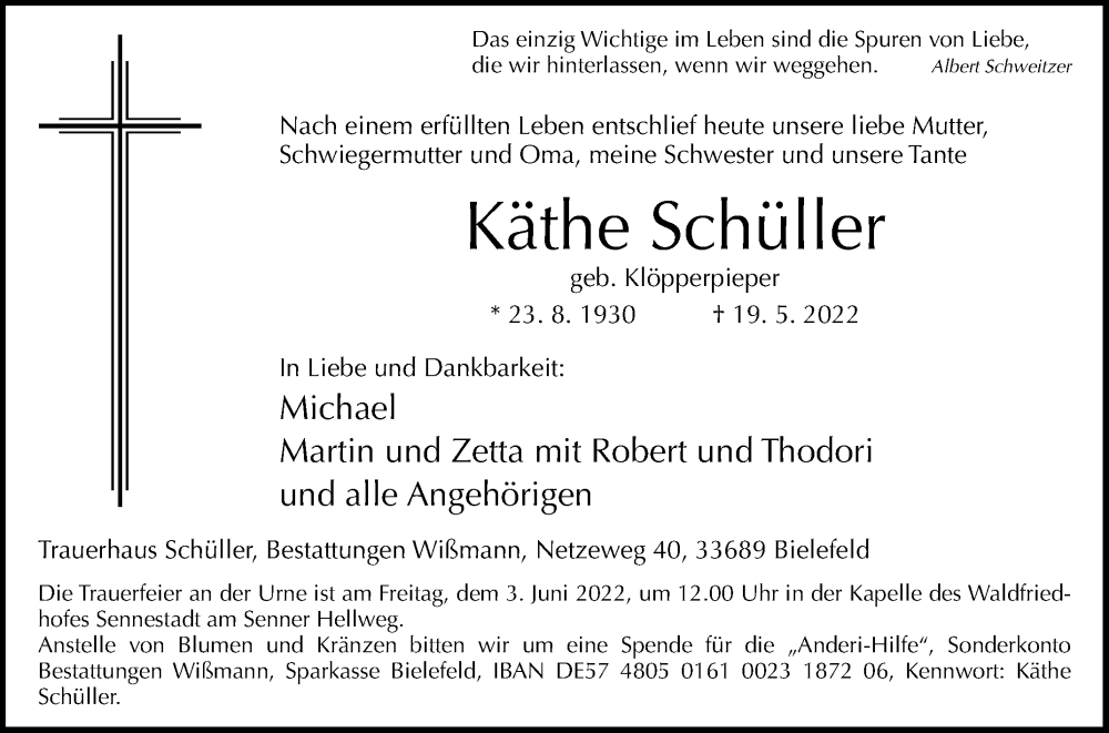  Traueranzeige für Käthe Schüller vom 24.05.2022 aus Westfalen-Blatt