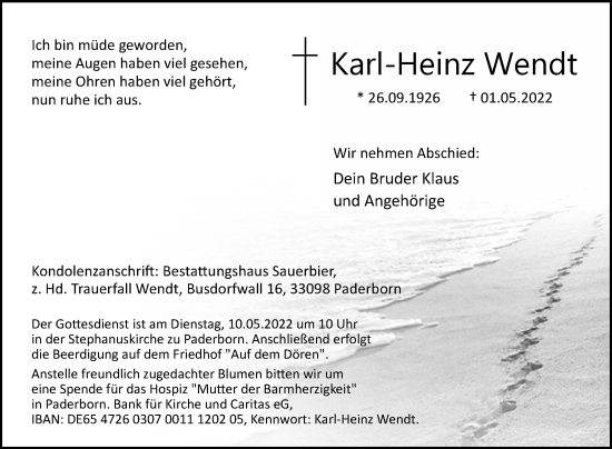 Traueranzeige von Karl-Heinz Wendt von Westfalen-Blatt