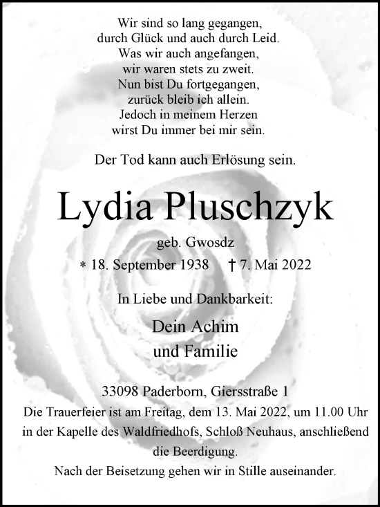 Traueranzeige von Lydia Pluschzyk von Westfalen-Blatt
