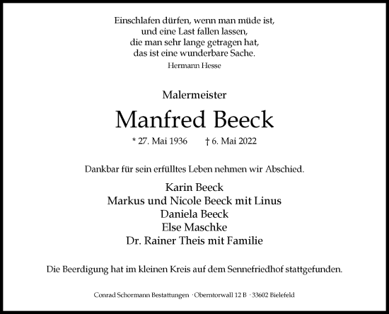 Traueranzeige von Manfred Beeck von Westfalen-Blatt