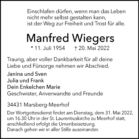 Traueranzeige von Manfred Wiegers von Westfalen-Blatt