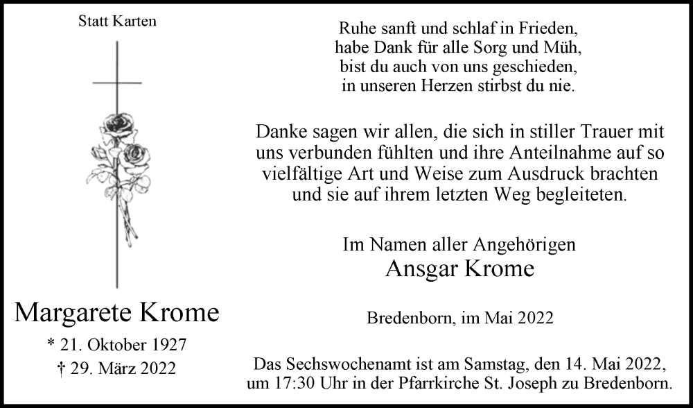  Traueranzeige für Margarete Krome vom 07.05.2022 aus Westfalen-Blatt