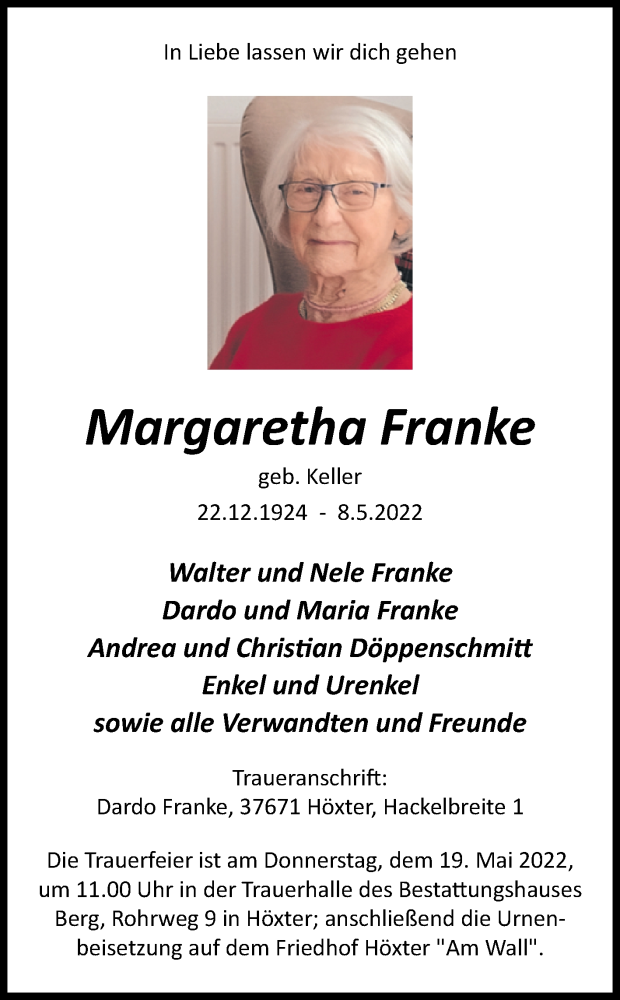  Traueranzeige für Margaretha Franke vom 14.05.2022 aus Westfalen-Blatt