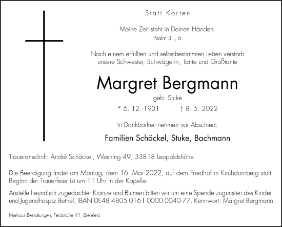 Traueranzeige von Margret Bergmann von Westfalen-Blatt