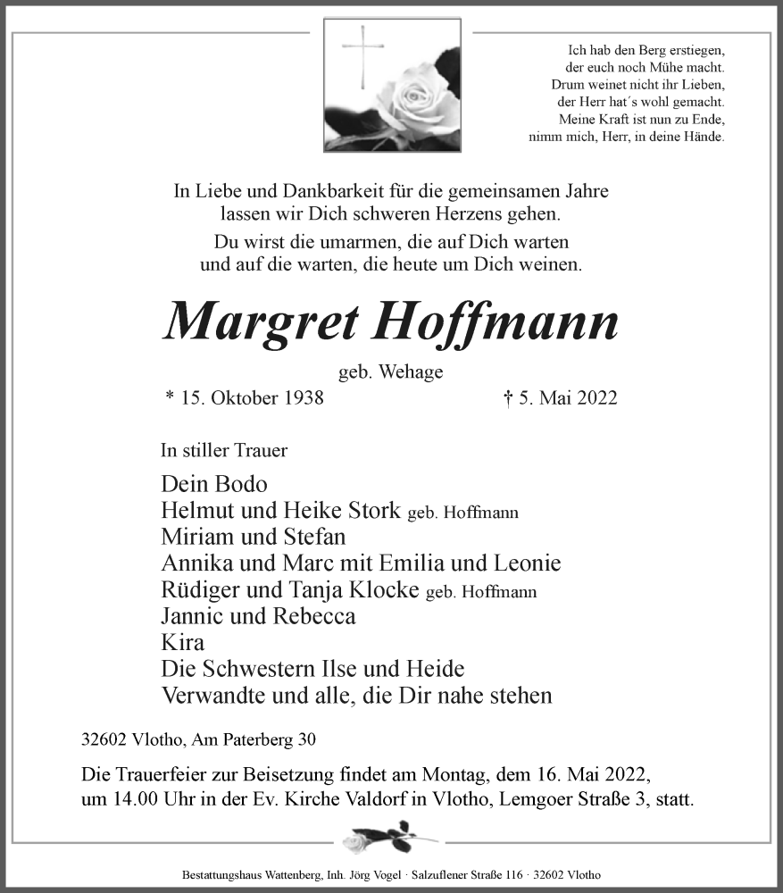  Traueranzeige für Margret Hoffmann vom 07.05.2022 aus Westfalen-Blatt