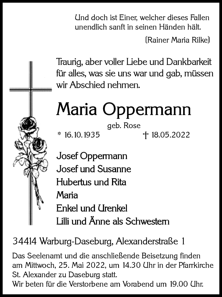  Traueranzeige für Maria Oppermann vom 21.05.2022 aus Westfalen-Blatt