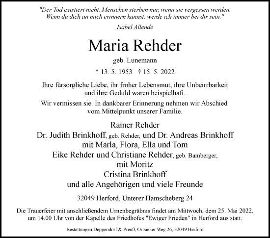 Traueranzeige von Maria Rehder von Westfalen-Blatt