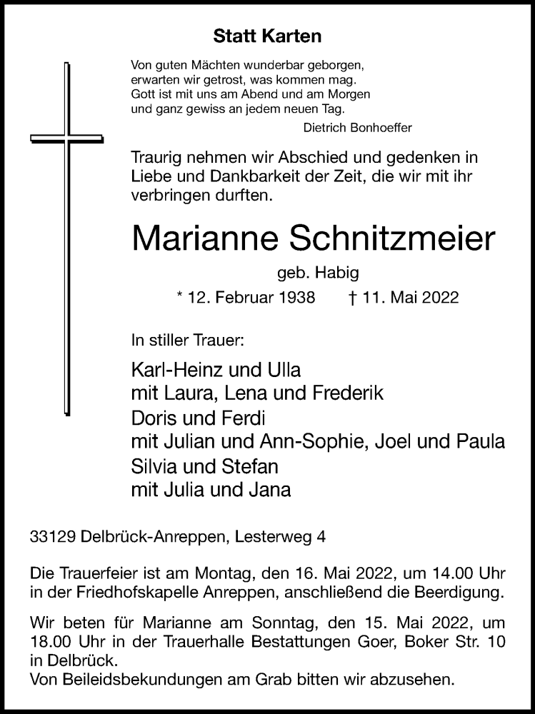  Traueranzeige für Marianne Schnitzmeier vom 14.05.2022 aus Westfalen-Blatt