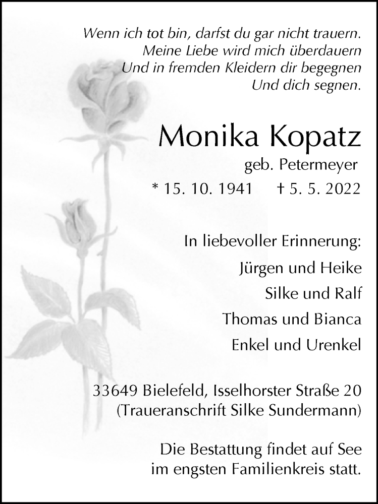  Traueranzeige für Monika Kopatz vom 14.05.2022 aus Westfalen-Blatt