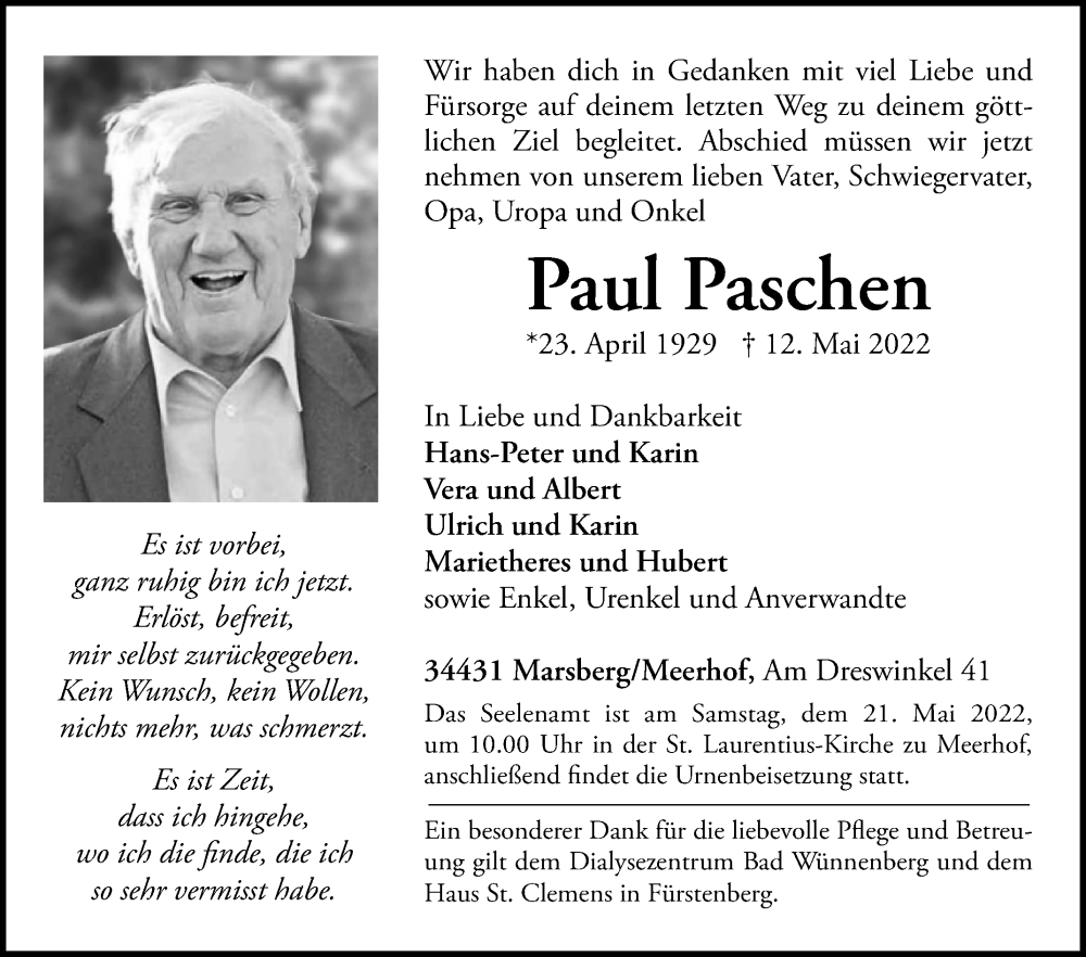  Traueranzeige für Paul Paschen vom 14.05.2022 aus Westfalen-Blatt
