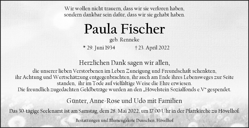  Traueranzeige für Paula Fischer vom 21.05.2022 aus Westfalen-Blatt