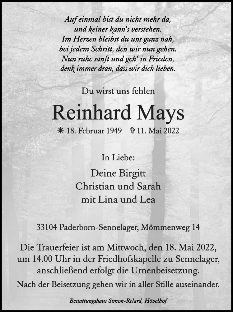  Traueranzeige für Reinhard Mays vom 14.05.2022 aus Westfalen-Blatt