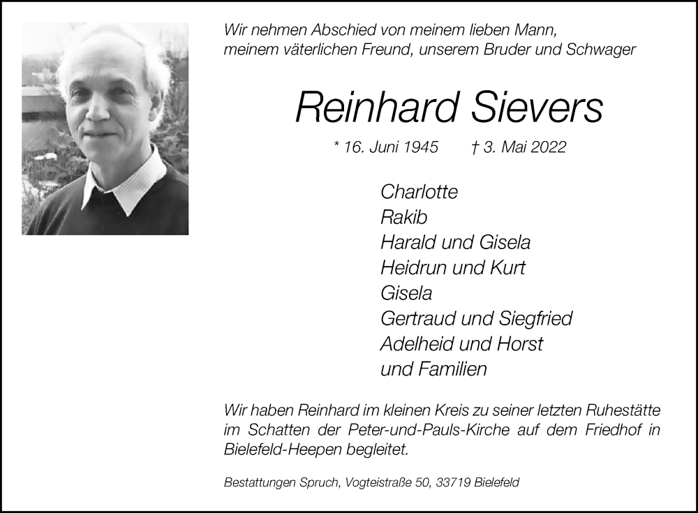  Traueranzeige für Reinhard Sievers vom 21.05.2022 aus Westfalen-Blatt