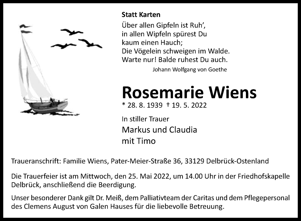  Traueranzeige für Rosemarie Wiens vom 21.05.2022 aus Westfalen-Blatt