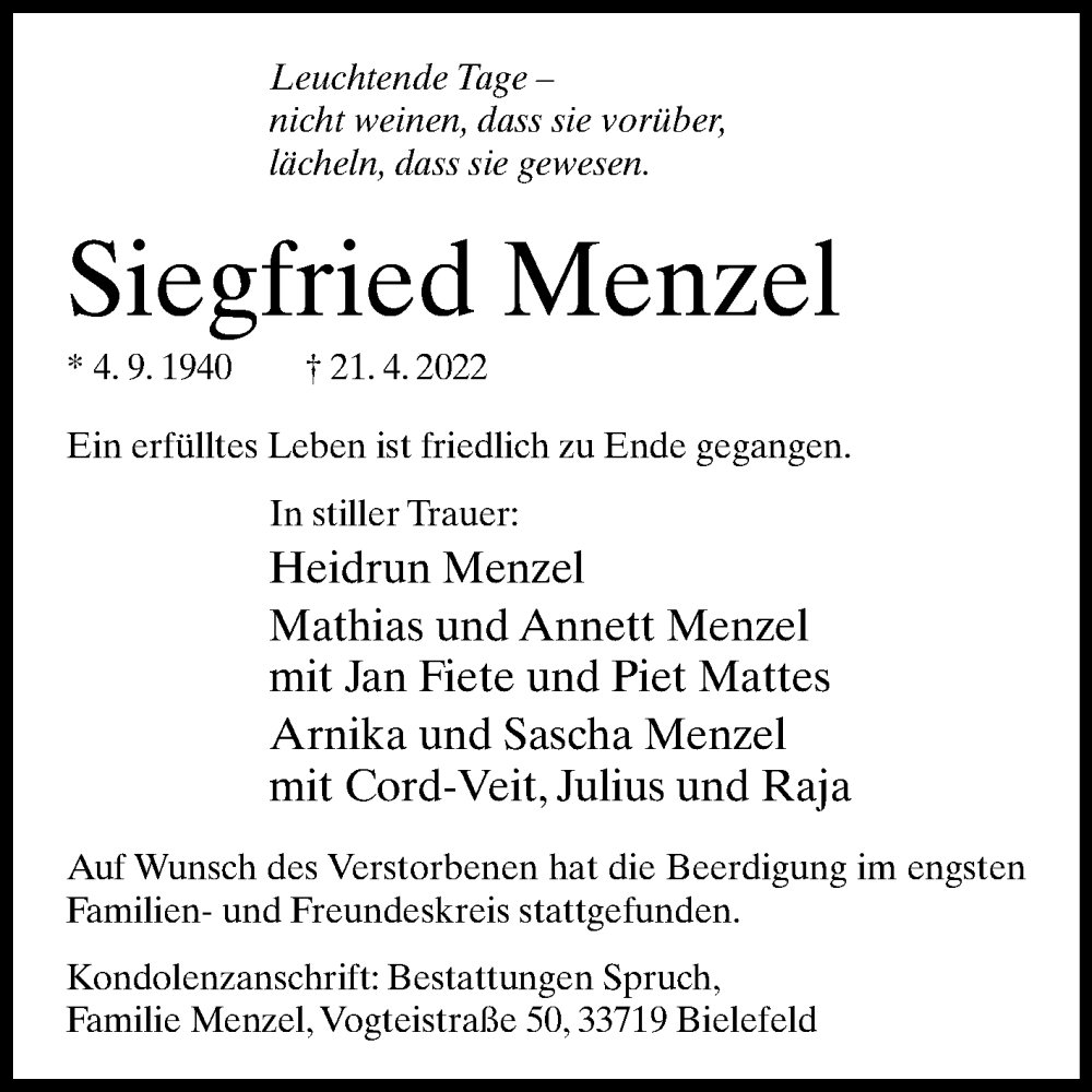  Traueranzeige für Siegfried Menzel vom 14.05.2022 aus Westfalen-Blatt