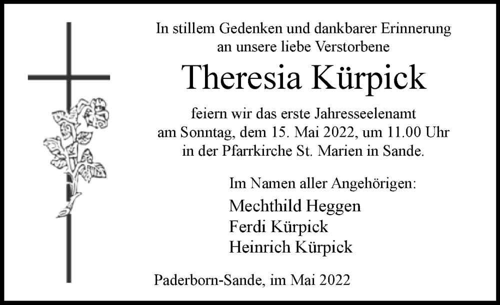  Traueranzeige für Theresia Kürpick vom 11.05.2022 aus Westfalen-Blatt