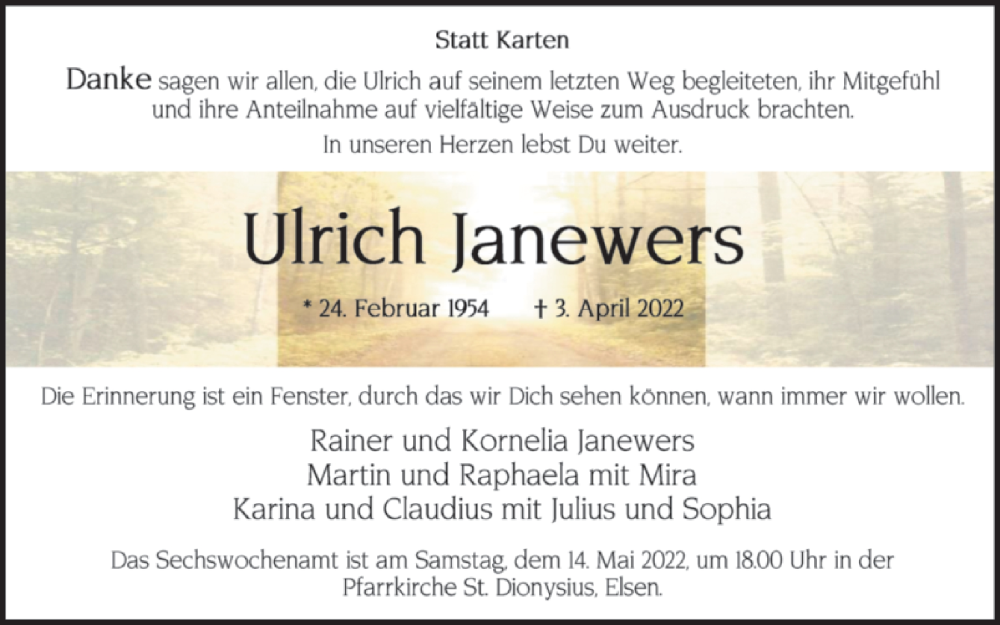  Traueranzeige für Ulrich Janewers vom 07.05.2022 aus Westfalen-Blatt