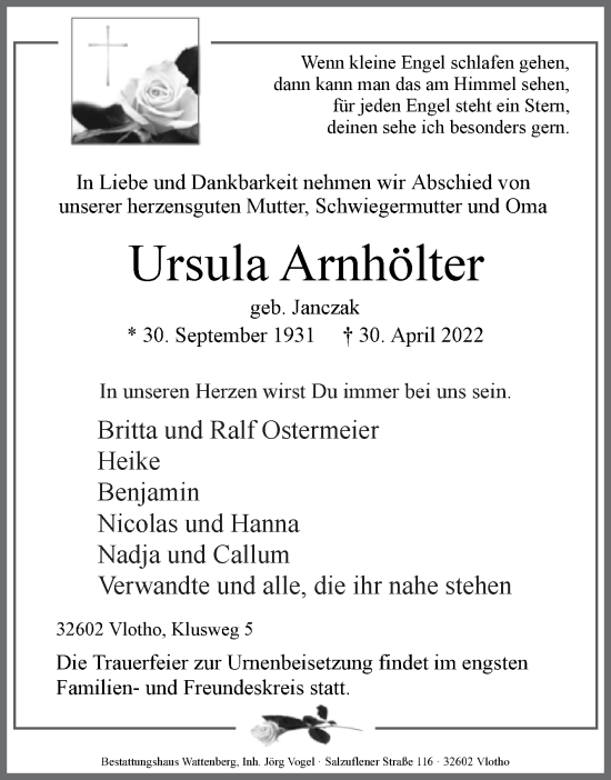 Traueranzeige von Ursula Arnhölter von Westfalen-Blatt