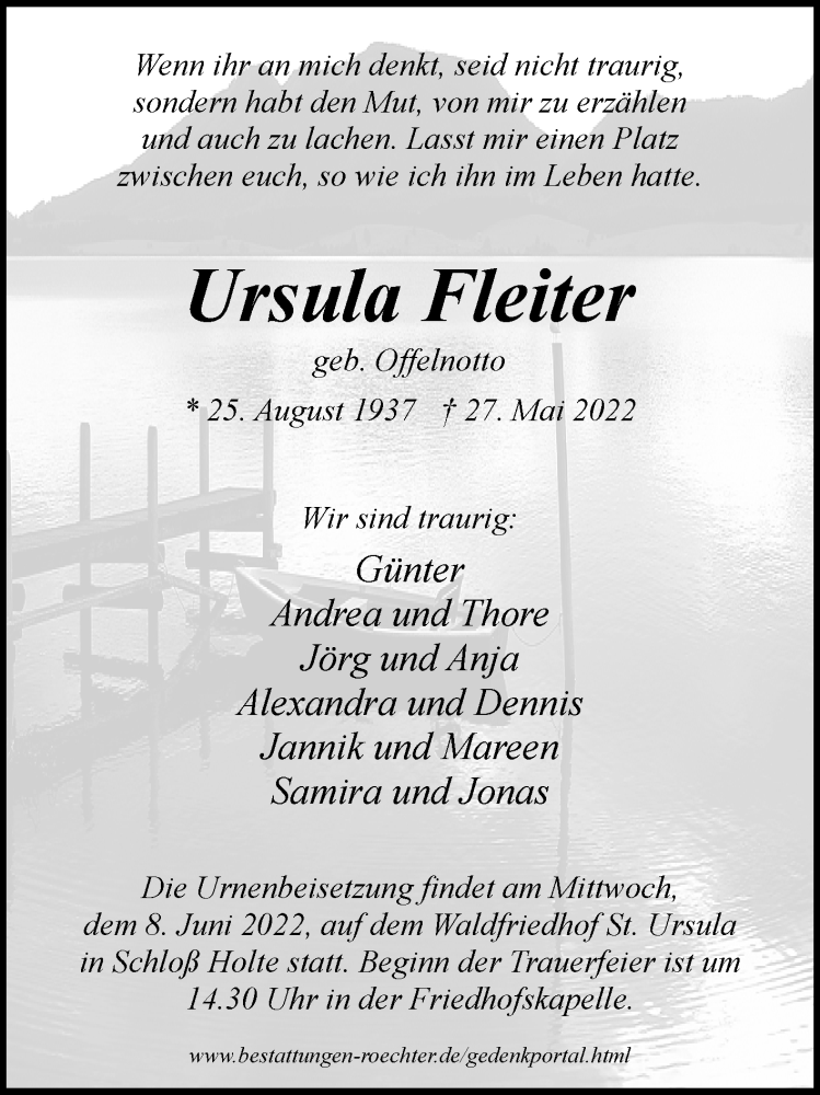  Traueranzeige für Ursula Fleiter vom 31.05.2022 aus Westfalen-Blatt
