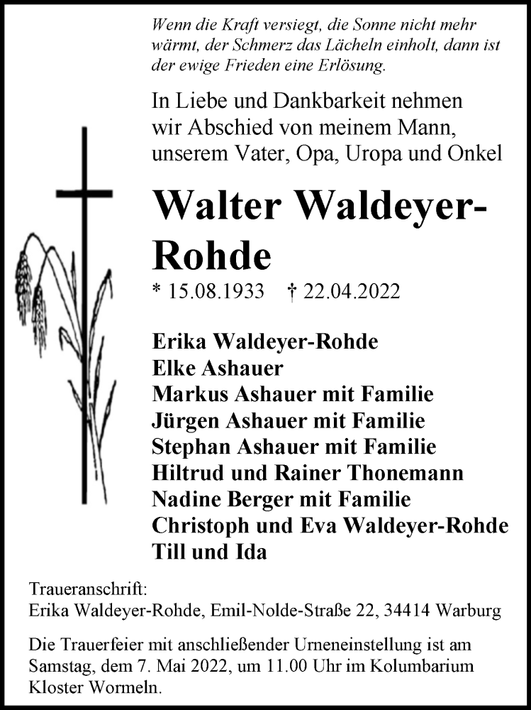  Traueranzeige für Walter Waldeyer-Rohde vom 03.05.2022 aus Westfalen-Blatt