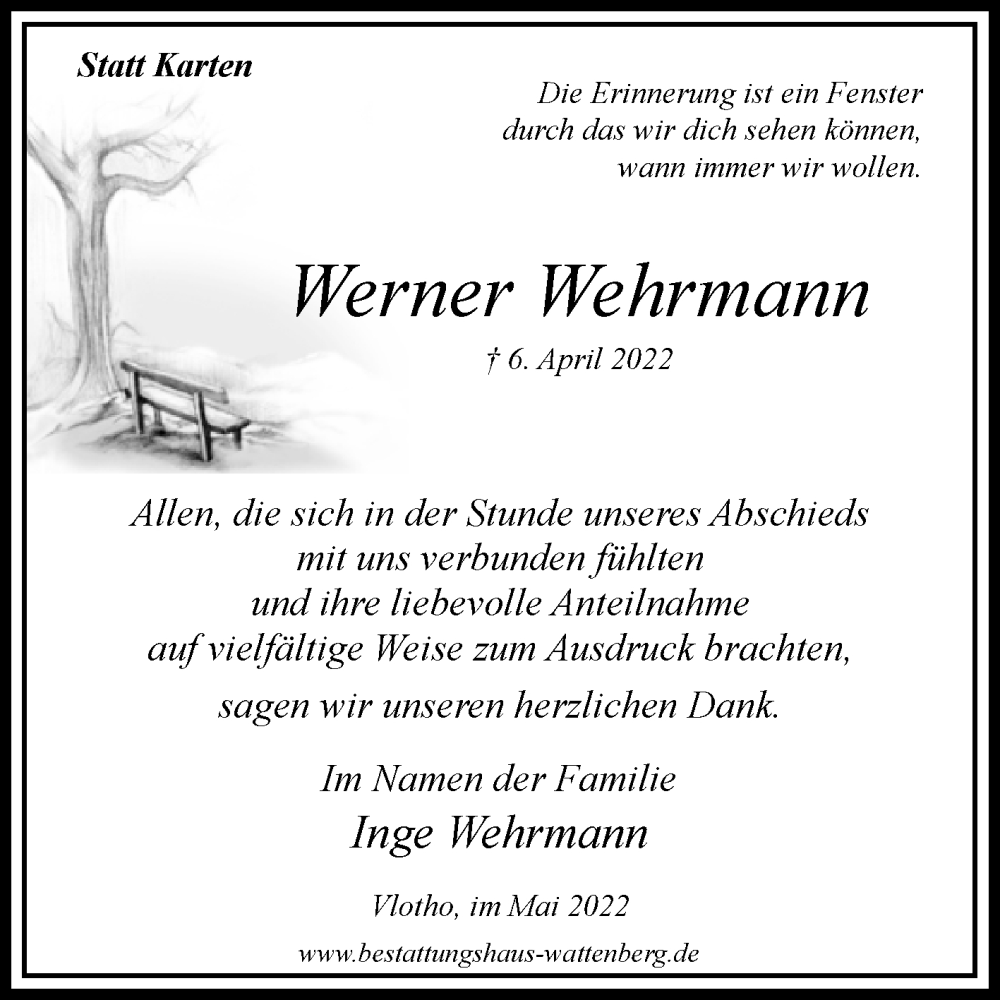  Traueranzeige für Werner Wehrmann vom 06.05.2022 aus Westfalen-Blatt