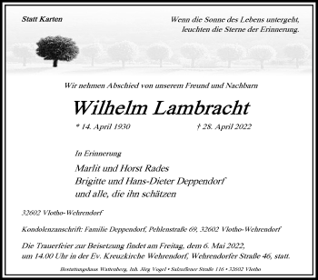 Traueranzeige von Wilhelm Lambracht von Westfalen-Blatt