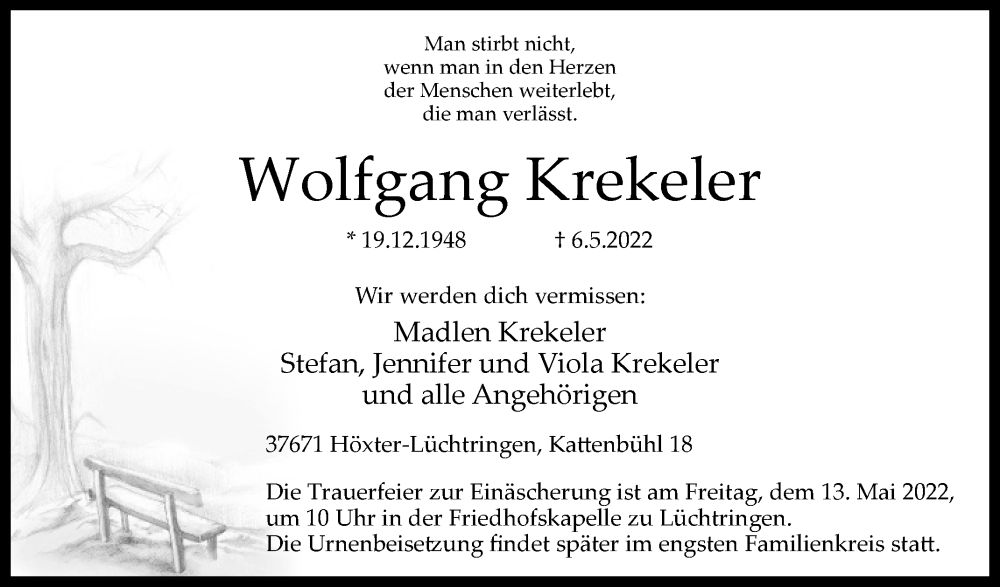  Traueranzeige für Wolfgang Krekeler vom 10.05.2022 aus Westfalen-Blatt