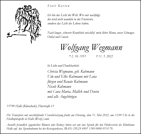 Traueranzeige von Wolfgang Wegmann von Westfalen-Blatt