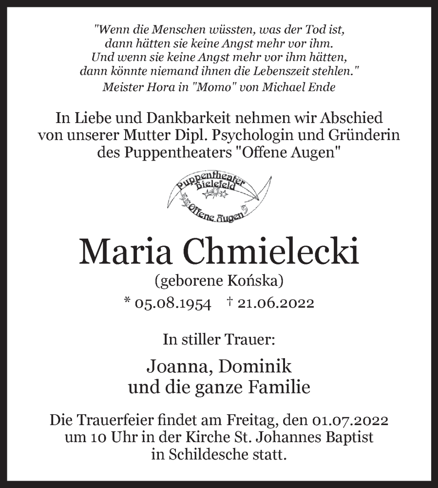  Traueranzeige für Maria Chmielecki vom 30.06.2022 aus 