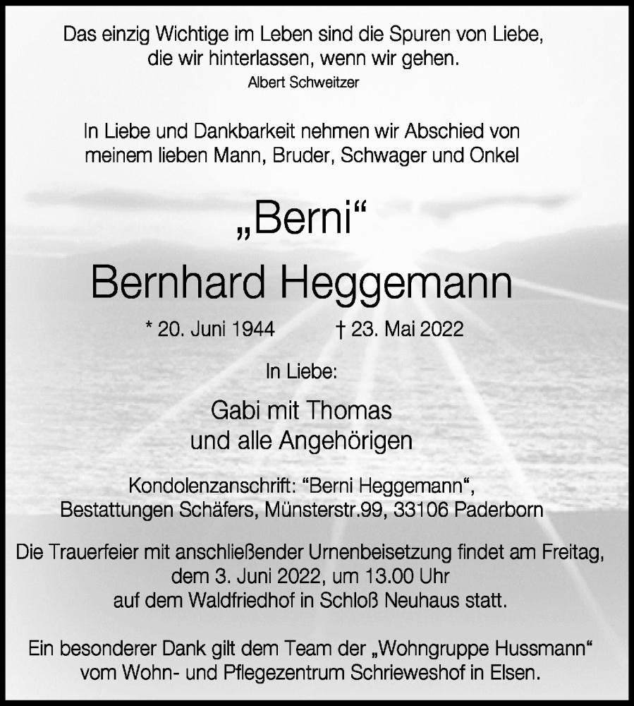  Traueranzeige für Bernhard Heggemann vom 01.06.2022 aus Westfalen-Blatt
