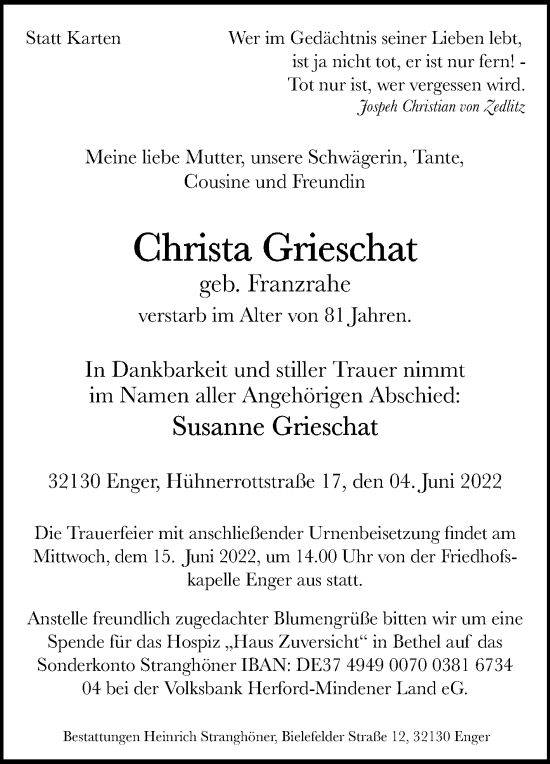 Traueranzeige von Christa Grieschat von Westfalen-Blatt